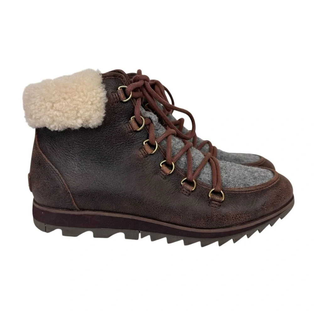 Sorel Harlow Cozy Shearling Ankle Hiker Boots Bootie Leather Wool Lace Up Size 9